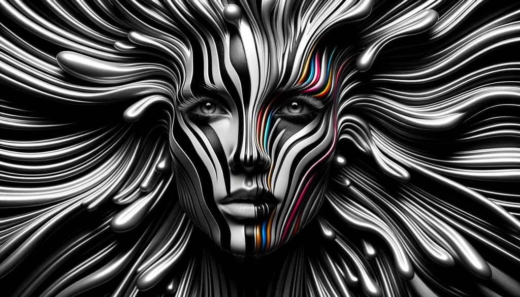 Prompt: zebra woman's face with colorful stripes on black and white, in the style of made of liquid metal, bold shadows, black-and-white photography, futuristic victorian, high quality photo, dramatic lighting, pattern explosion