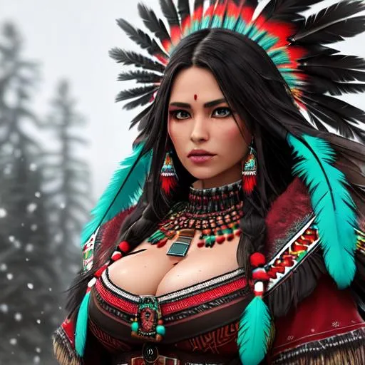 Prompt: A pretty and colorful Apache woman with feathers, in the style of dark green and scarlet red, pine and snow background, realistic and hyper – detailed renderings, stefan gesell, aztec art, machine aesthetics, uhd image, dark white and turquoise, morbid, grim dark, wet, dark, very detailed, rendered in octane, wet, dense atmospheric, epic, dramatic, photorealistic, hyper ornate details, clear and sharp, only one person, only one face, Art by Stanley Artgerm Lau, Art by Genzoman, Art by Joe Madureira, Art by BlushySpicy, Art by Stjepan Sejic, Art by J Scott Campbell, Art by Guillem March, Art by Citemer Liu, Art by Kenneth Rocafort, 4k, High resolution, Comic book, Comic book character, Comic, High quality, Super high quality model, Production cinematic character rendering, Vivid, Highly detailed, Epic, Intricate, Cgsociety trending, Centered, Minidemo, Thoughtful, Intricate details, Ink cloud, Splash, Expansive, Elegant, Intricately detailed, Concept art, 8k, photo illustration by Marton Bobzert, Maximalism, Volumetric lighting, Natural light, Professional photography, calligraphy, Intricate gouache by Jean Baptiste Monge, photorealistic masterpiece by Aaron Horka and Jeremy Mann, Photorealistic, Masterpiece, 8k resolution, Ink flow, alberto seveso art, detailed gorgeous face, Perfect body proportions, super detailed art photo