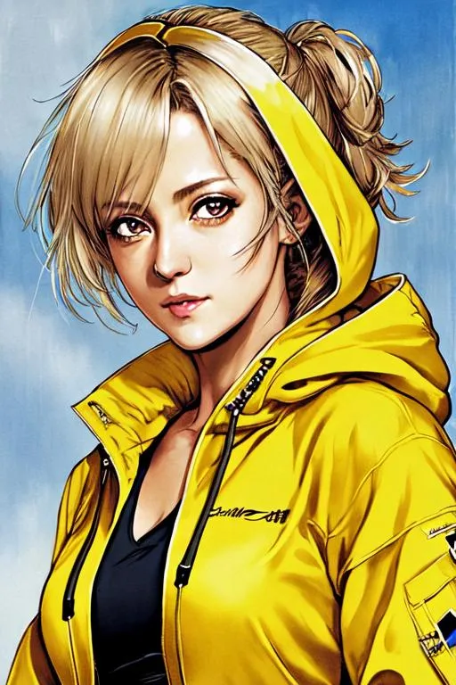 Prompt: (((Yoji Shinkawa))), sticker of ultra detailed portrait of Denise Gough, 67 years old, in yellow hooded tunic. high quality cell shaded illustration in fantasy apocalyptic style by Yoji Shinkawa, ((full body)), dynamic pose, perfect anatomy, castle setting, magician, centered, freedom, soul, grey and blonde short hair, approach to perfection, cell shading, 4k , cinematic dramatic atmosphere, watercolor painting, global illumination, detailed and intricate environment, artstation, concept art, fluid and sharp focus, volumetric lighting, cinematic lighting, Art by Yoji Shinkawa,