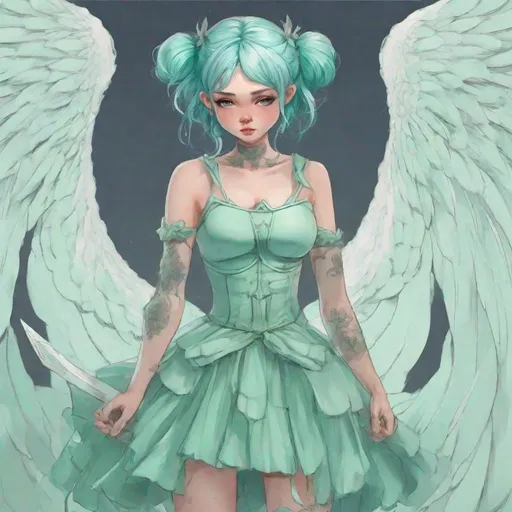 Prompt: A heroine, with mint green ballerina inspired dress, warrior, blue hair in buns, angel wings
