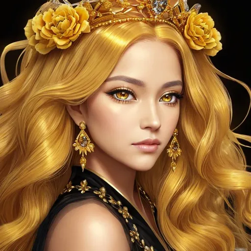 Prompt: Queen bee-A beautiful woman with long flowing golden hair behind a gold tiara. Amber colored eyes, gown in colors of yellow and black, facial closeup