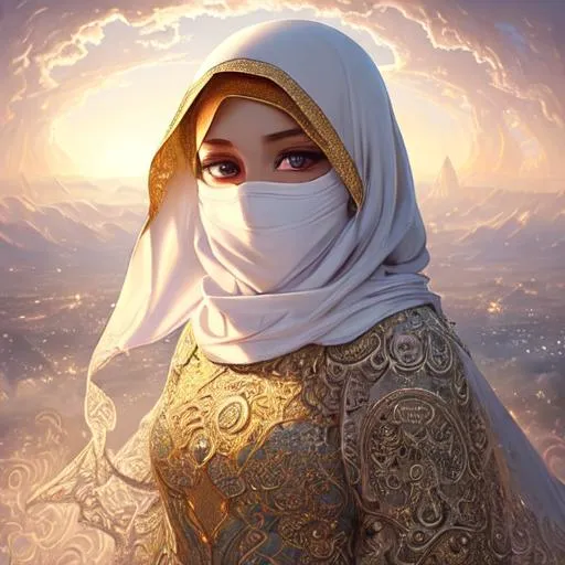 Prompt: hyperdetailed intricate enigmatic, a lot of glowing clouds floating in the air, hyperdetailed intricate enigmatic, masterpiece intricate hyperdetailed beautiful muslim girl, white silky hijab, beautiful silk white niqab, hopeful, dreamy, fantasy, brown sparkled eyes, scenic view space with very wide angle, colorful glamorous sunshine, WLOP, Greg Rutkowski, 128K resolution,