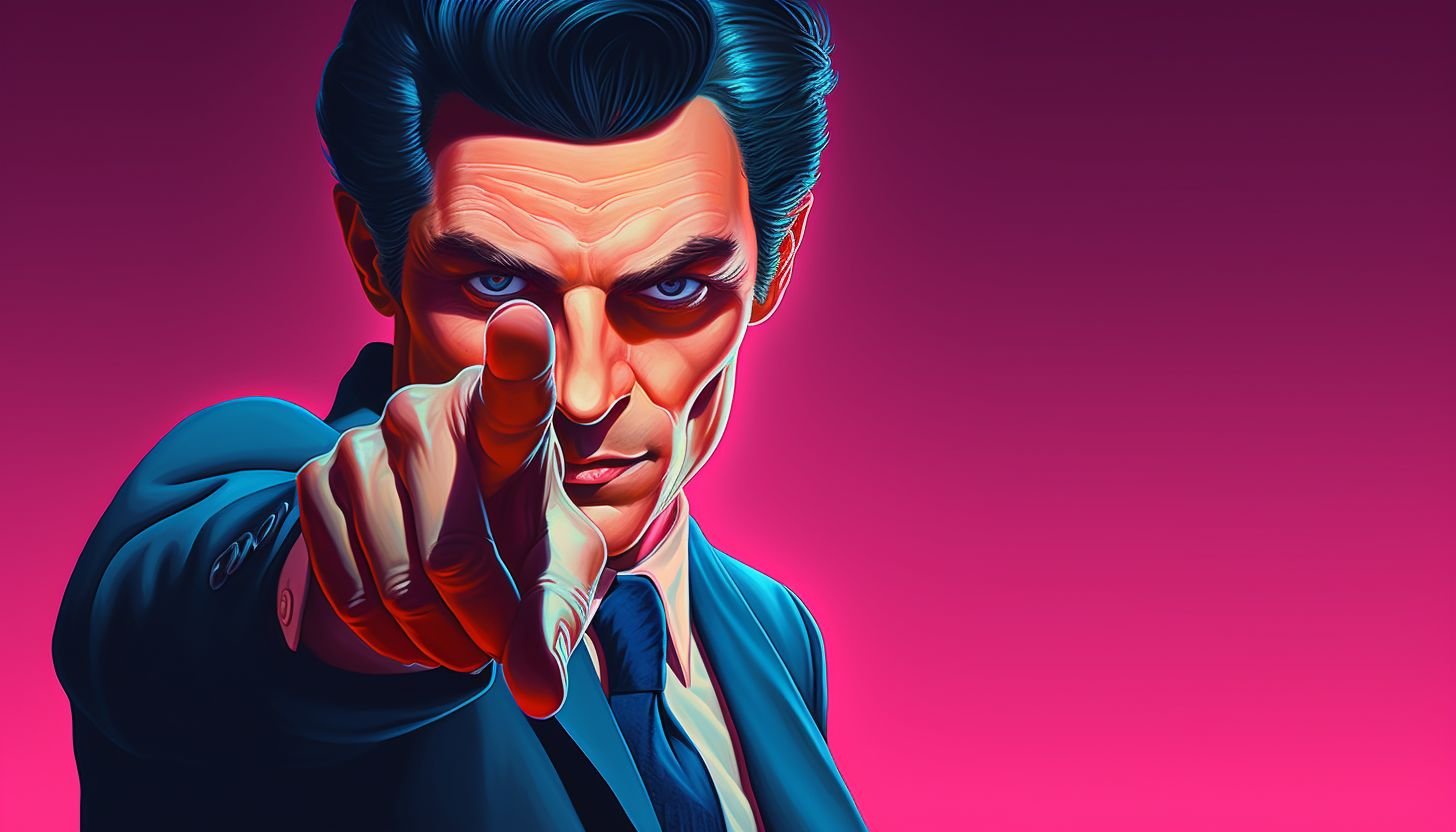 Prompt: a neon art image of a man pointing with his finger, in the style of synthwave, alex gross, golden age illustrations, 32k uhd, hyper-detailed illustrations, colorful, eye-catching compositions, luminous portraits