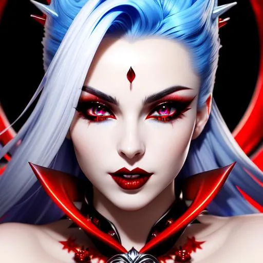 Prompt: ((best quality)) Splash art masterpiece of seductive feminine top-down crazy modern vampire woman with ((hyperdetailed blue cotton spiky hair)) and ((hyperdetailed bloodshot red eyes)) and beautiful hyperdetailed feminine attractive sharp face and nose and big lips, ((white skin)), red shy blush with grin, blood dripping down lips and body, red blood, backlit, ((intricately hyperdetailed yellow modern thin mesh dress)) with deep cleavage and visible abdominal muscles, abs, toned body, barely any clothing, mesh dress, ((seductive crazy grin face)), looking up at camera, standing jojo pose, looking down perspective, bokeh background, cinematic glamour lighting, backlight, action shot, intricately hyperdetailed, perfect face, perfect body, perfect anatomy, hyperrealistic, sharp focus, epic dark fantasy, glamour, volumetric studio lighting, triadic colors, occlusion, ultra-realistic, 3d lighting, beauty, sensual feminine romance, professional, sensual feminine, perfect composition, unreal engine 8k octane, 3d lighting, UHD, HDR, 8K, render, HD, trending on artstation, front view, ((huge breast)), ((sexy))