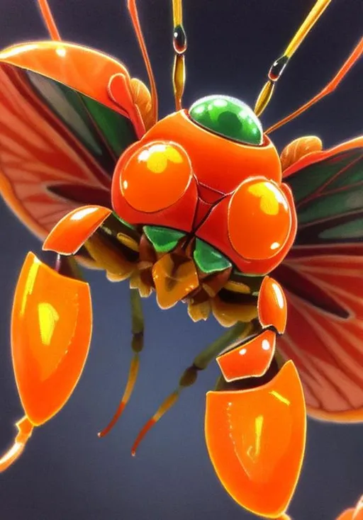 Prompt: UHD, , 8k,  oil painting, Anime,  Very detailed, zoomed out view of character, HD, High Quality, Anime, Pokemon, Paras is a small cute orange insectoid crab-like cicada Pokémon with large eyes and cartoonish mushrooms growing on its head  Its ovoid body is segmented, and it has three pairs of legs. The foremost pair of legs is the largest and has sharp claws at the tips. There are five specks on its forehead and three teeth on either side of its mouth. It has circular eyes with large pseudo pupils.

Red-and-yellow mushrooms known as tochukaso grow on this Pokémon's back. The mushrooms can be removed at any time and grow from spores that are doused on this Pokémon's back at birth by the mushroom on its mother's back. Tochukaso are parasitic in nature, drawing their nutrients from the host Paras's body in order to grow and exerting some command over the Pokémon's actions. For example, Paras drains nutrients from tree roots due to commands from the mushrooms. Paras can often be found in caves. However, it can also thrive in damp forests.

Pokémon by Frank Frazetta