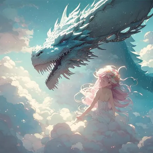 Prompt: "the beautiful scene render that a beautiful girl lies in the arms of a huge white dragon in the fairyland surrounded by white clouds, in the style of makoto shinkai victo ngai and peter mohrbacher studio ghibli artgerm karol bak beeple, animation style, 8 k hd, dream, trending on cgsociety, trending on artstation, ultra wide angle, animation style, hyperrealism, 3 d render, hyper detailed"