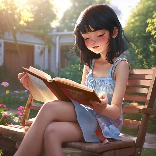 Prompt: a portrait of a cute girl with long black hair ,reading book sitting on wooden chair in garden outside her house ,morning scene,super composition ,highly detailed ,64k,studio lighting,professional,ddim,trending on artstation