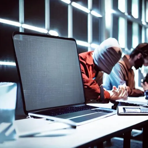 Prompt: There are a bunch of hackers sitting in front of table in a dark private room, they are trying to hack some data through their computers. 