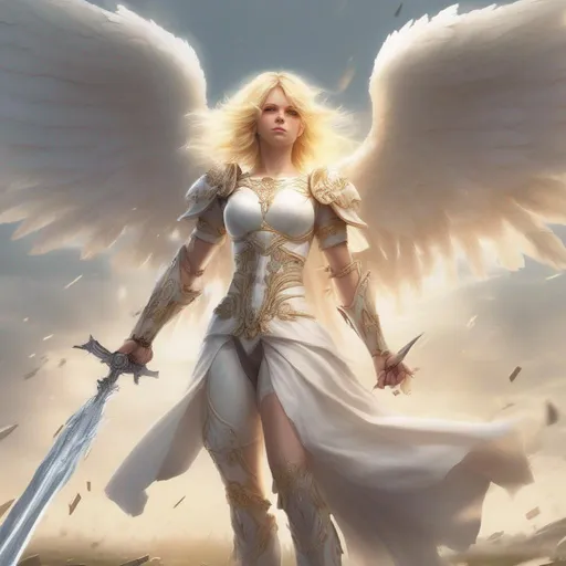 Prompt: Blonde haired angel standing on a battle field wielding a holy weapon. 
