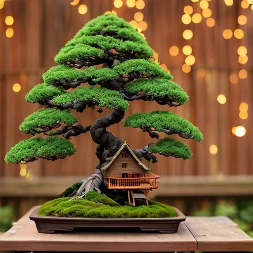 Prompt:  Bonsai with a wooden tree house with string lights at night

