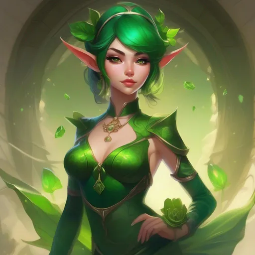 Prompt: waifu goblin girl in a captivating digital artwork, seamlessly blending allure and goblin charm. Envision her with mesmerizing emerald green skin, exuding femininity, and accentuate her enchanting wide hips and alluring thick thighs. Dress her in modern clothing, she's toned