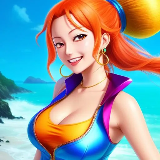 Prompt: hyper detailed, hyper artistic, hyper futuristic, hyper realistic, hyper unique, hyper unseen of too colored laughing Nami from One Piece, 4k