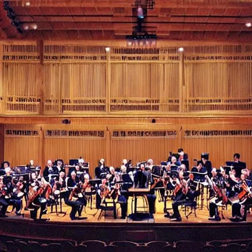 Prompt: A painting of an orchestra in a big beautiful wooden performance hall. This will be my computer background so make it the right dimensions please.
