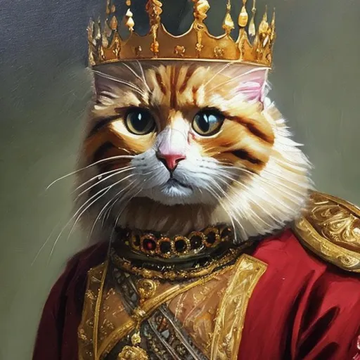 Prompt: An oil painting of a cat dressed as a king