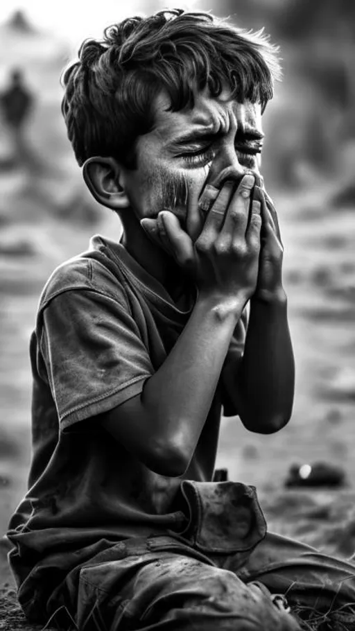 Prompt: A photo of a boy crying out loud in the middle of the war zone, black and white, realistic, 4k, HD