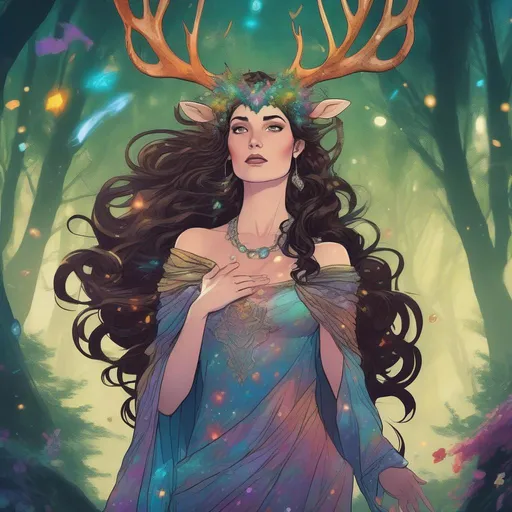 Prompt: A colourful, beautiful brunette, Persephone, in a beautiful flowing dress made of glittering gemstones, with deer antlers coming out of her head with hair made of the cosmos, in a forest of magical trees. In a marvel comics style.