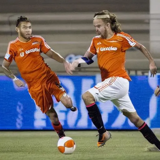 Prompt: 2 Houston Dynamos soccer players going head to head with their faces forward
