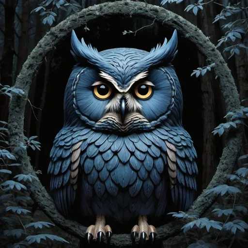 Prompt: a floresant blue owl circles over the dark forrest over head