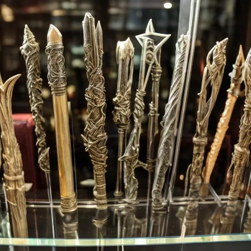 Prompt: Magic wands in a display case 