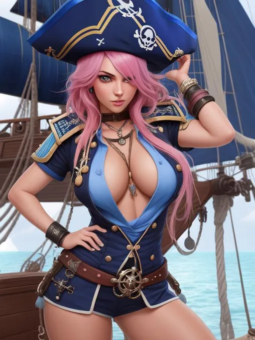 Prompt: ombre blue-pink hair, pirate captain, girl, fantasy, daunting, intimidating, serious, cruel, mole under eye, docked galleon ship in background, bodacious, mole on body, fullbody, ((full body)) {{good looking}} {{cute}} {{good body}} {{tight}}, symmetrically colored hair, {{shadows}},
