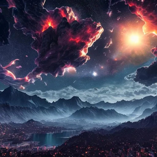 Prompt: (extremely detailed) (hyper realistic) (sharp detailed) (cinematic shot) centered, moonlight, supernova explosion, night sky, mountains, river, stars , goddess, 1girl, 3D illustration, high resolution, reflactions.