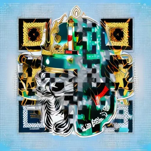 Prompt: A formula 1 helmet with the lion of god on top  and around it the shahada in Arabic and around the helmet create a nice design for a racing helmet using blue green white with out a barcode design just a helmet clear image 