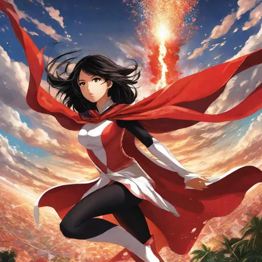 Prompt: anime art, young Indonesian woman, 25 year old, (round face, high cheekbones, almond-shaped brown eyes, small delicate nose, long flowing black hair), red and white superhero costume, mask, flying, mid-air, dynamic pose, background exploding volcano, tropical scene, Japanese manga, Pixiv, Fantia