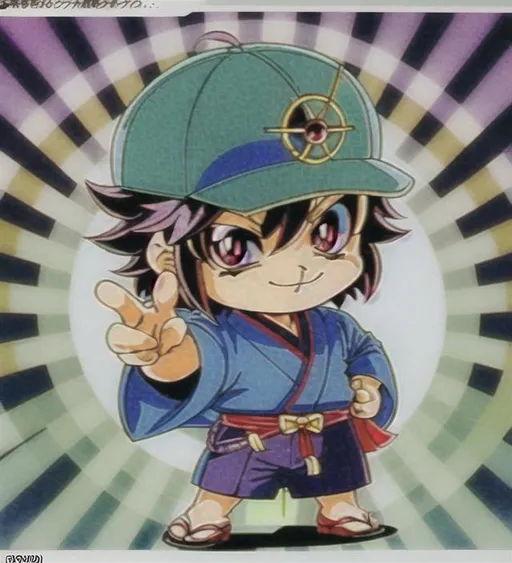 Prompt: cool, character boy mascot, chibi, holding faceted gemstone advertisement, scan lines, retro, tokyo, 80s Illuminati, eye, symmetrical face,