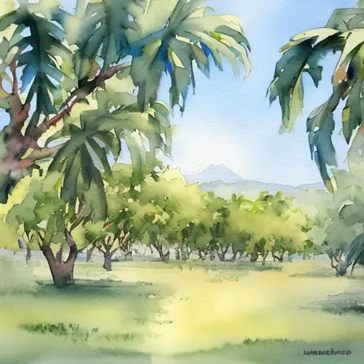 Prompt: Summer afternoon on mango grove in watercolor