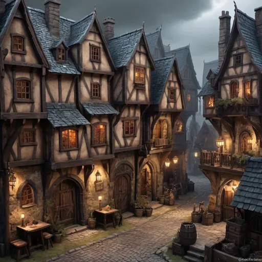 Prompt: Warhammer fantasy small settlement, detailed buildings with intricate architecture, medieval fantasy, high quality, realistic, scenic landscape, vibrant colors, dramatic lighting, bustling market, lively atmosphere, fantasy art style, fantasy setting, cobblestone streets, gothic structures, rich textures, immersive environment, various buildings, dramatic view, eerie atmosphere, gloomy mood, warm tones, weathered textures, seen from bird's view, atmospheric lighting, dramatic shadows