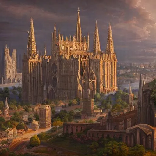 Prompt: painting of a colossal gothic city with a cathedral fortress on top of a huge lone rock in the middle high level of details, 4k, 
