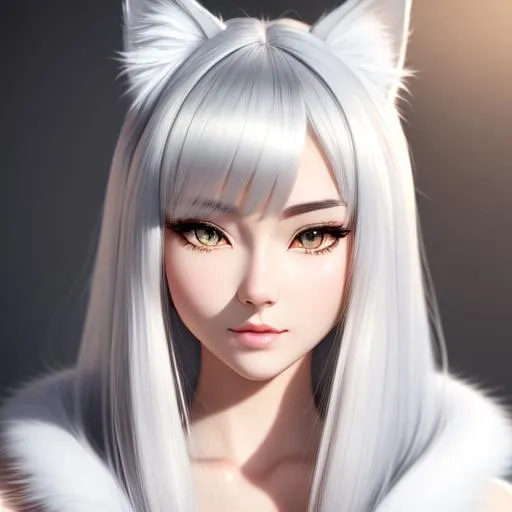 Prompt: Portrait a beautiful woman with face like cat , cat stealth,beautiful anime cat eyes, white skin,silver and white hair, breath, cat face,intricate hairy body, cat's fur, cute, anime vintage, perfect cat body, cat whiskers, hyperrealism, beautiful, highly detailed, hd, 4k, 8k, wide angle