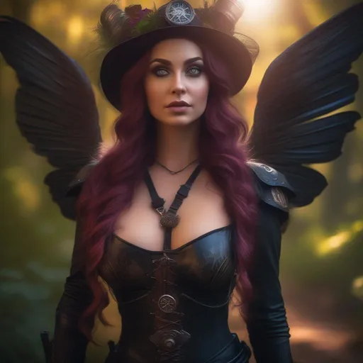 Prompt: Epic. Cinematic. 4k.  8k.  Wide angle. Full body shot. Hyper realistic painting. Concept art. matte painting. Detailed Illustration. photo realistic. A beautiful, buxom woman with broad hips. extremely colorful, bright eyes,  standing in a forest by a sleepy town. Shes a Steam Punk, goth style witch.  A distinct Winged fairy, with a skimpy, very sheer, gossamer, flowing outfit.  A picturesque Halloween night.  Octane render. Trending on artstation.