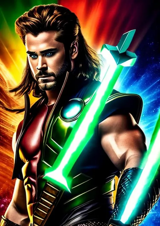 Prompt: High-resolution hyperrealistic photo of marvel's demigod {{hercules}} merged with thor, undercut mullet hair, holding mjolnir, green and red and black and gold revealing costume, uhd, hdr, 64k