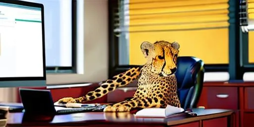 a cheetah working in an office. red highlights | OpenArt