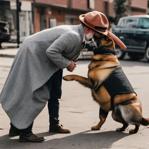 Prompt: A dog meeting the owner with hat old poor, happy furry wagging tail