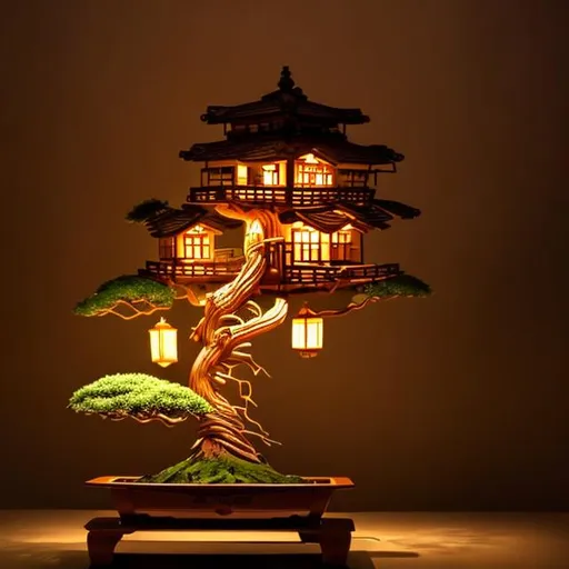 Prompt:  invisible Bonsai with a wooden tree house and lanterns at night
