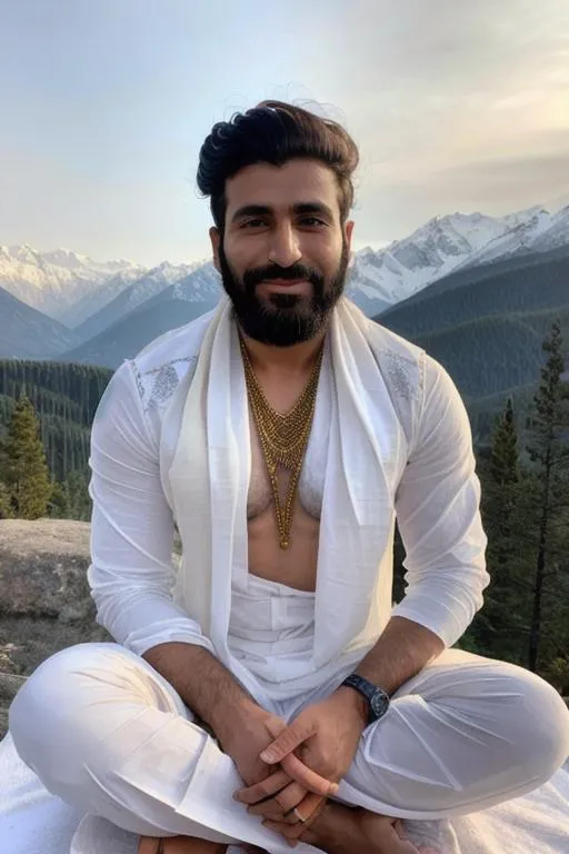 Prompt: full body portrait of a cute rugged kashmiri guy, "thin gold chain", "hyperreal detailed face","closed eyes", "sunlit kailash parvat",,white dhoti, "lost in god", meditating, calm smile, snow, handsome  cute pretty, lean muscle, hyperreal, side angle, white, detailed, hyperreal, sitting, arena, perfect composition, hyperrealistic, super detailed, 8k, high quality, trending art, trending on artstation, sharp focus, studio photo, intricate details, highly detailed, by greg rutkowski

