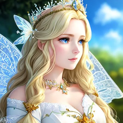 Prompt: complex intricate detail and quality, detailed, masterpiece, insanely detailed, highly detailed, perfect composition, 16k upscaled image, 8k, anime style, clear fairy wings, white fairy wings, pale green dress, fairy queen, character, big queen crown, mature woman, aged woman, long blond hair, wavy golden hair, blue eyes, very pale complexion, beautiful, rosy cheeks, wise eyes, red lips, elegant