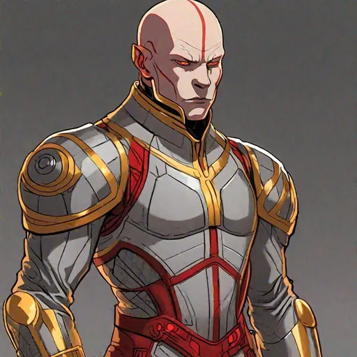 Prompt: A whole figure. Full body of a humanoid with a red skin hue and bald head. He wears a gray uniform decorated with three lines of gold on the chest. Marvel comics art. Comics art. 2d art. DC comics art. Well draw face, detailed.