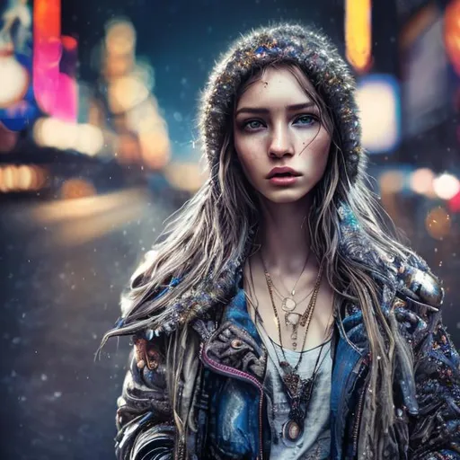 Prompt: highly detailed woman, 64K, UHD, HDR, hyper realistic, lens 24mm, cinematic lighting, nikon z fx device, woman wearing random clothes, long shot type, city lights context, highly detailed clothes, highly detailed face, highly detailed eyes, long hair, epic composition, high resolution scan, absolutely real, epic proportion, crystal clear photograph, happy woman beautyful and aesthetic.