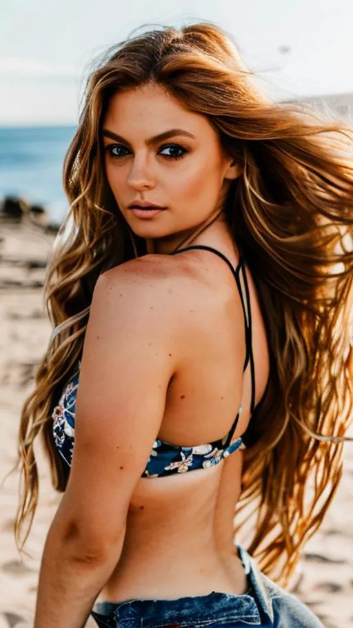 Prompt: Supermodel Woman, very long wavy ginger hair in a ponytail laying over her shoulder, light skin ,no bra, {{small breasts}}, realistic, high-quality full body portrait photography, natural lighting, detailed face, 4k, face like Mila Kunis
