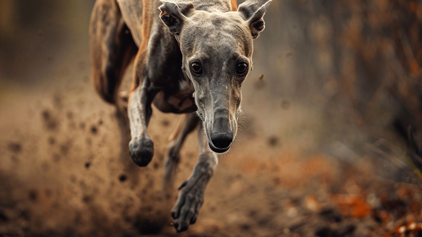 Prompt: A realistic greyhound running towards the camera in an action pose with an extreme close-up of its nose