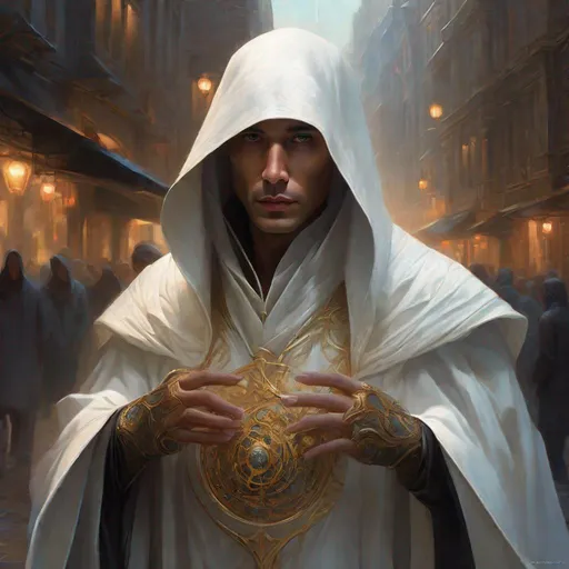 Prompt: Three-quarters portrait, evil lowly faceless priest dressed in white robes, deep hood, dark energy under hood, face-less, dark spot for face, dark energy under cloak, swirling black magic, fantasy, highly detailed, digital painting, steampunk city, in the streets, big crowd, art by Stanley Lau and Artgerm and magali villeneuve and Alphonse Mucha, artstation, octane render, cgsociety, HDR, UHD, 64k, best quality, best quality, masterpiece:1.5)

