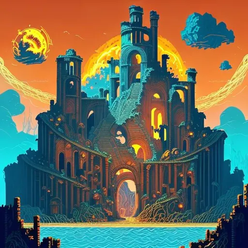 Prompt: 24 bits dream core 70s art style infinite sand and water and walls of water and fire that lead high into the sky and ruins and huge bones that are worked into the ruins that attach to floating ruans that are connected with rope bridges and the whole thing is staticky as if were on a TV screen 