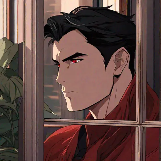 Prompt: Damien  (male, short black hair, red eyes) staring out the window