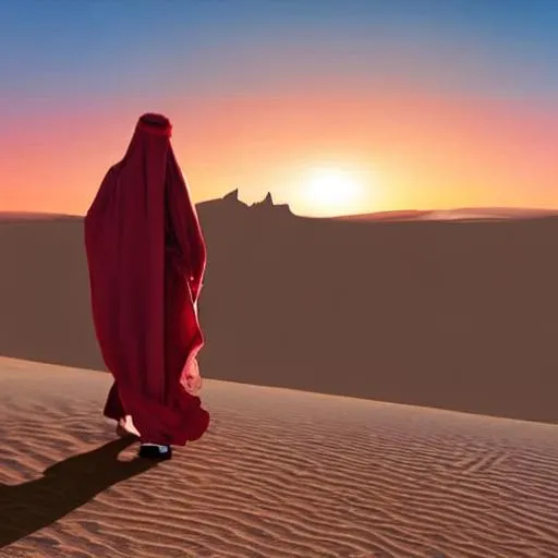 Prompt: an arabian knight walking in the desert alone durning a beautiful sunset on the horizon,very detailed, with burka 
