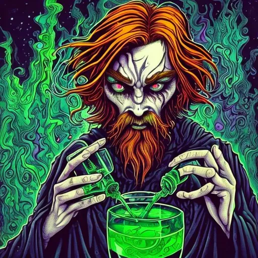 Prompt: A creepy and psychadelic artstyle. A red haired wizard is drinking his potion. The potion is like a drug and makes him high. his eyes look crazy and colorful from the magic of the potion.