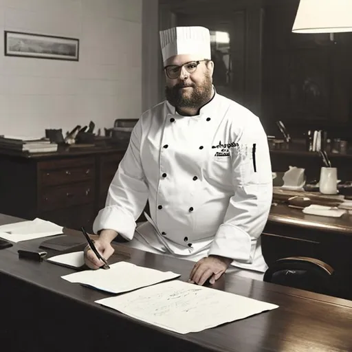 Prompt: A man sitting at a desk with a chef's knife to the right and a pen and paper to his left 