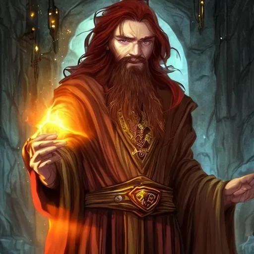Prompt: A sorcerer with long dark red hair and a beard. He wears a vial of blood on a necklace. His eyes shine bright yellow. 